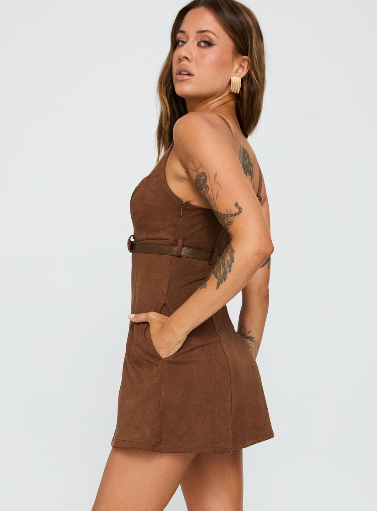 side view of model wearing Princess Polly Way Back In Faux Suede Mini Dress Brown Square Neck 