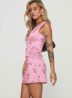 side view of model wearing Princess Polly Romancer Mini Dress Pink V-Neck 