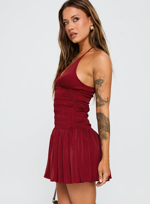 side view of model wearing Princess Polly Mariachi Mini Dress Red V-Neck 