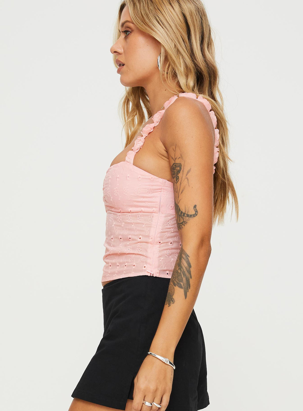 side view of model wearing Princess Polly Franca Top Pink Sleeveless Sweetheart 