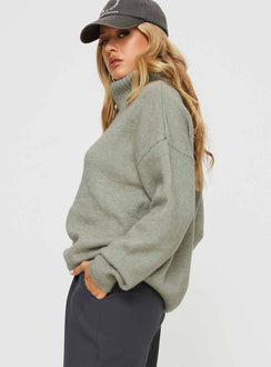 side view of model wearing Princess Polly Oswin Turtleneck Sweater Green Jumpers 