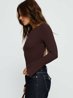side view of model wearing Princess Polly Mayok Long Sleeve Bodysuit Brown Long Sleeve Tops Bodysuit 