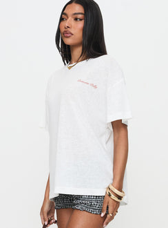 side view of model wearing Princess Polly Bakery Caked Oversized Tee Cream Half Sleeves Crew Neck 