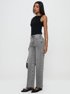 side view of model wearing Princess Polly Henesey High Rise Straight Leg Jeans Washed Grey High Rise Jeans Jeans 