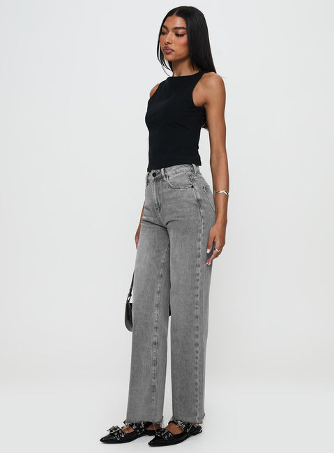 side view of model wearing Princess Polly Henesey High Rise Straight Leg Jeans Washed Grey High Rise Jeans Jeans 