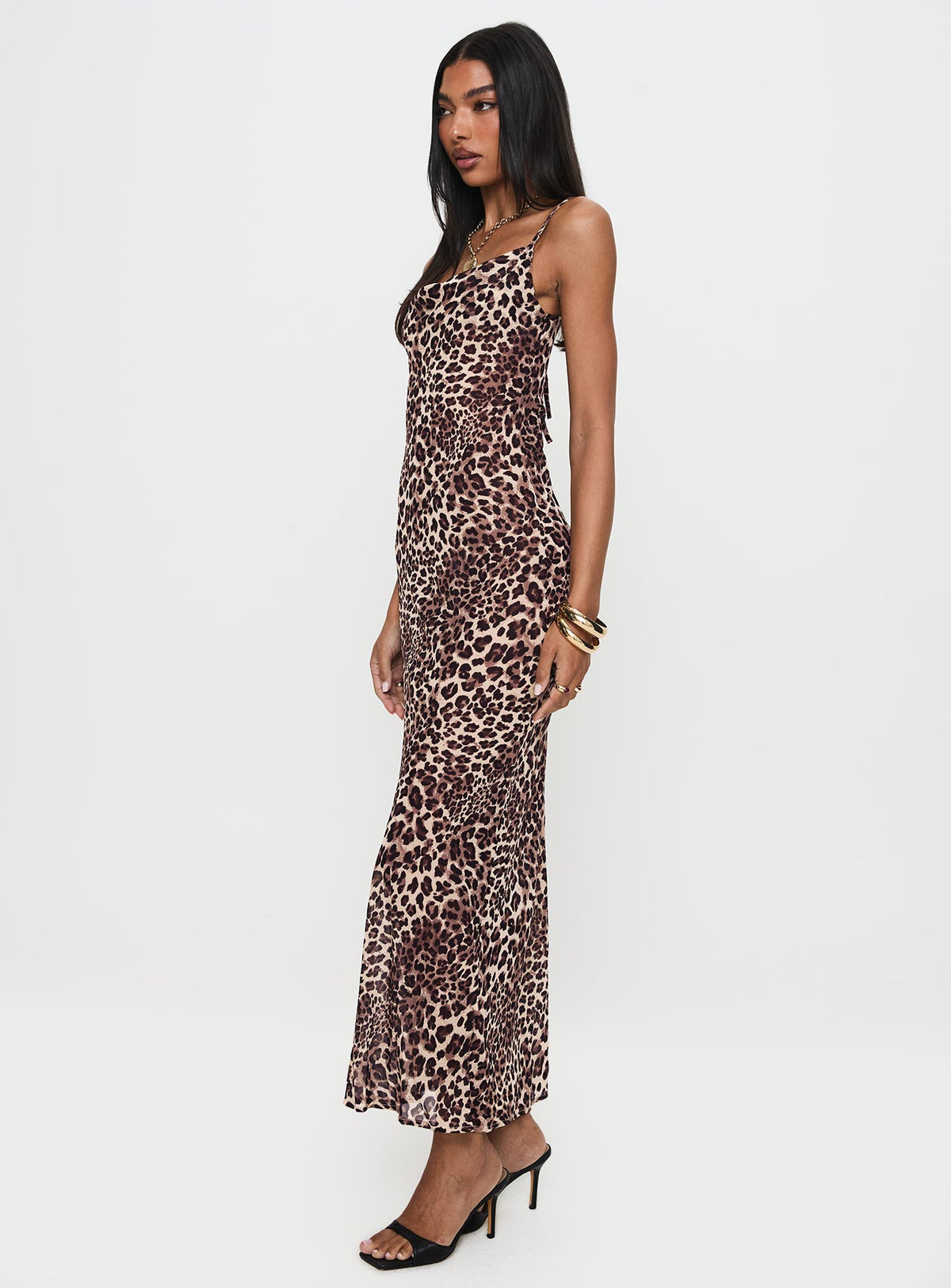 side view of model wearing Princess Polly Paolina Maxi Dress Leopard Cowl Neck 