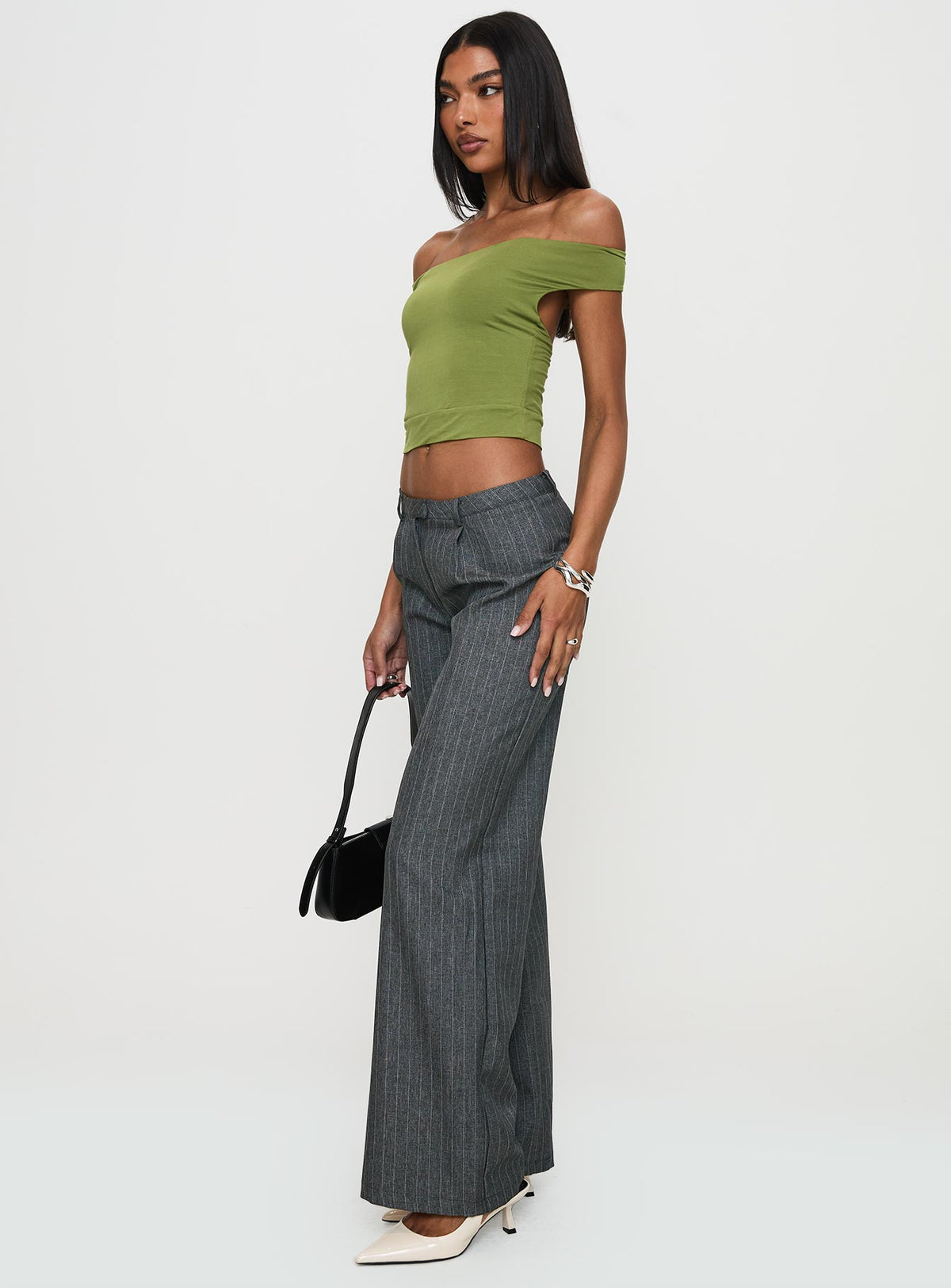 side view of model wearing Princess Polly Broadcast Pants Grey Pinstripe Low Rise Pants Pants 