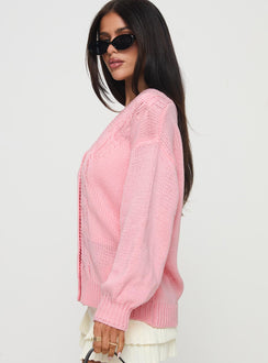 side view of model wearing Princess Polly Sezza Cable Knit Cardigan Baby Pink Longline Jumpers Jumpers 