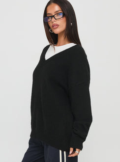 side view of model wearing Princess Polly Stay The Night V Neck Knit Sweater Black Jumpers 