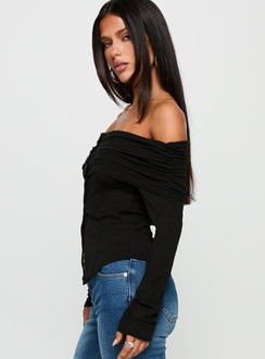 side view of model wearing Princess Polly Victorea Off Shoulder Top Black Full Sleeves straight 