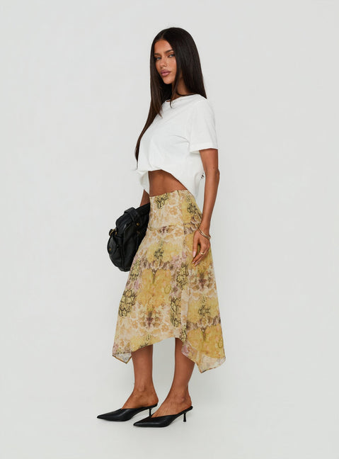 Designed with the Daphene Asymmetrical Midi Skirt Multi in womens-skirts featuring abstract print and relaxed fit side view of model wearing Princess Polly