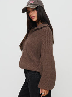 side view of model wearing Princess Polly Hertford Zip Through Knit Sweater Brown Jumpers 
