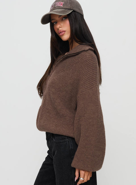 side view of model wearing Princess Polly Hertford Zip Through Knit Sweater Brown Jumpers 
