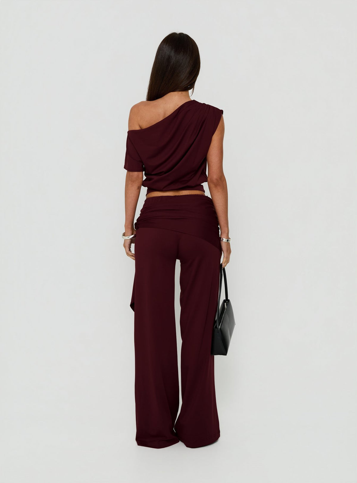 Crafted for the Hadlia Tie Waist Pants Burgundy womens-regular-pants with high-rise detail back view of model wearing