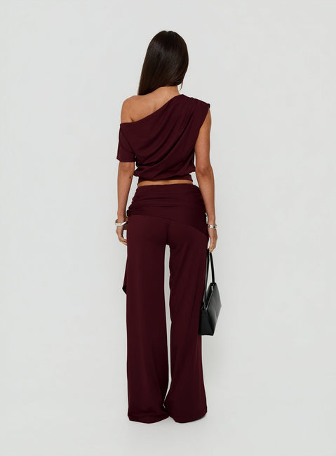 Crafted for the Hadlia Tie Waist Pants Burgundy womens-regular-pants with high-rise detail back view of model wearing