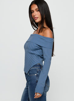 side view of model wearing Princess Polly Brisa Long Sleeve Top Blue Full Sleeves straight 