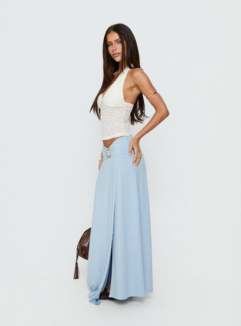   side view of model wearing Princess Polly Nola Hardware Slit Maxi Skirt Blue Maxi Skirts Skirts 