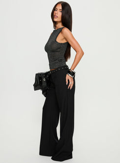 side view of model wearing Princess Polly Deonne Straight Leg Buckle Pants Black Mid Rise Pants Pants 