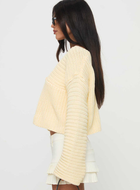 side view of model wearing Princess Polly Artha Cardigan Lemon Cropped Jumpers Jumpers 