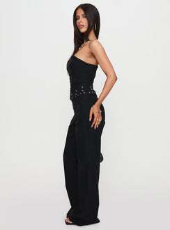 side view of model wearing Princess Polly Passionette Pants Black Petite High Rise Pants Pants 