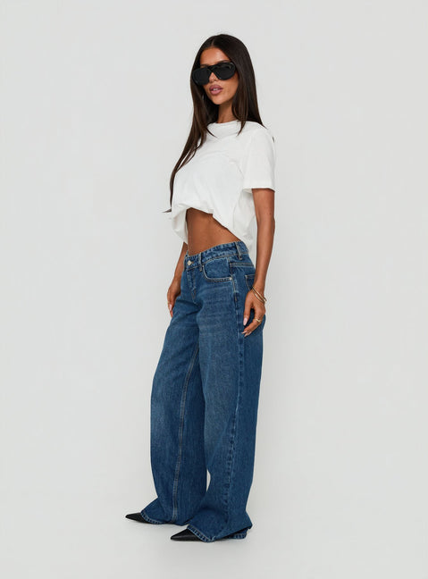 Designed with Ellanor Low Rise Straight Leg Jeans Vintage Dark Blue in womens-jeans featuring low-rise waist side view of model wearing Princess Polly