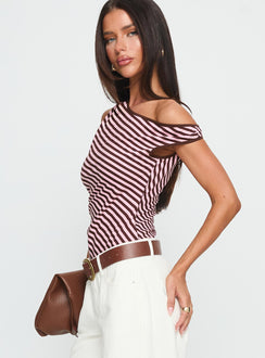 side view of model wearing Princess Polly Ayviana One Shoulder Bodysuit Pink / Brown Stripe Sleeveless Bodysuit 