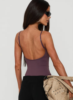 Presenting the Daily Define Thin Strap Low Back Bodysuit Aubergine womens-bodysuit with sleeveless design back view of model wearing