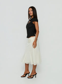 Crafted with the Ambrosea Panelled Midi Skirt Cream womens-skirts featuring aline shape side view of model wearing Princess Polly