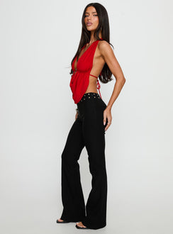Designed with Yevina Eyelet Flare Pant Black Petite womens-regular-pants in high-rise waist side view of model wearing