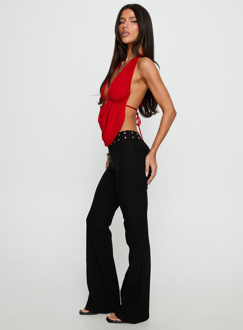 Designed with Yevina Eyelet Flare Pant Black Petite womens-regular-pants in high-rise waist side view of model wearing