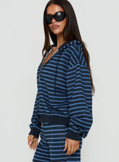Featuring the Delaeni Zip Through Hoodie Blue Stripe womens-jumpers in short length side view of model wearing Princess Polly