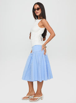   side view of model wearing Princess Polly Raelan Tiered Midi Skirt Blue Stripe Midi Skirts Skirts 