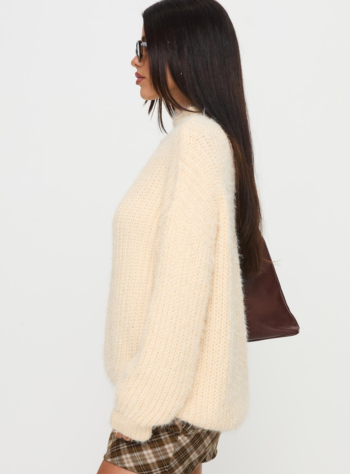 side view of model wearing Princess Polly Abott Sweater Butter Longline Jumpers Jumpers 
