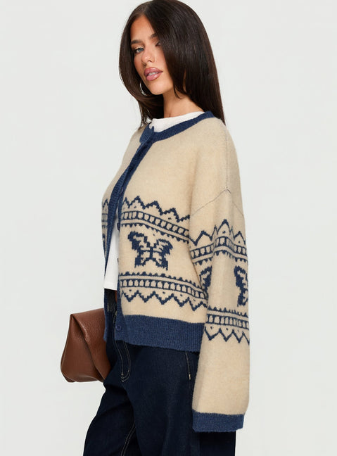 side view of model wearing Princess Polly Wynoni Alpine Knit Cardigan Beige / Navy Longline Jumpers Jumpers 