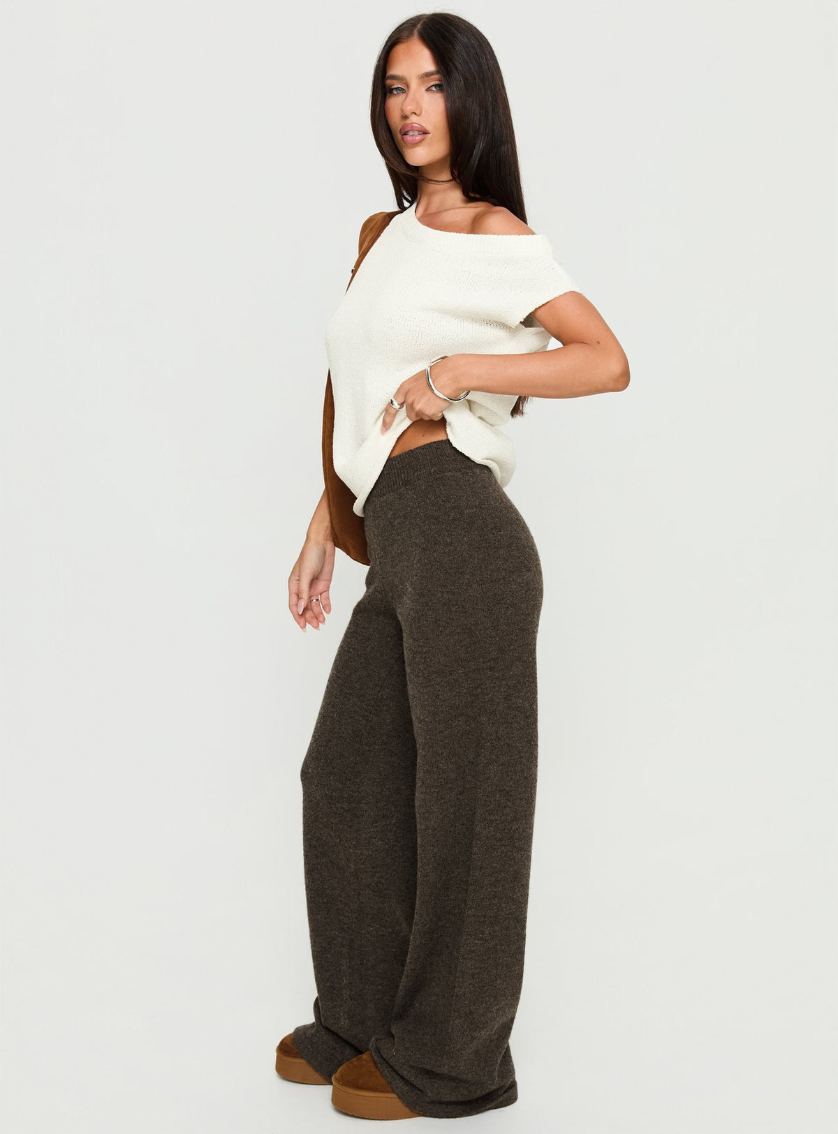 side view of model wearing Princess Polly Karee Knit Pants Brown High Rise Pants Pants 