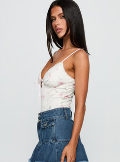 side view of model wearing Princess Polly Final Fantasy Bodysuit Multi Floral Sleeveless Bodysuit 