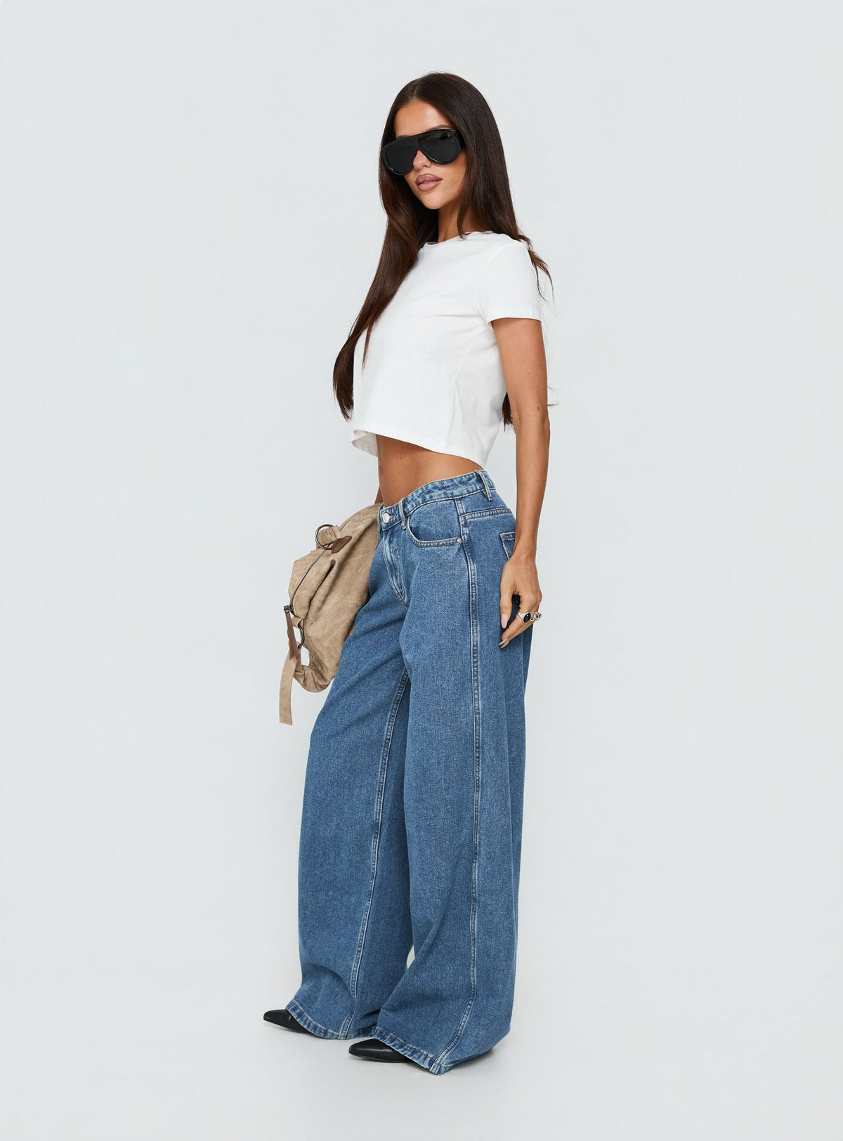 Ramos Low Rise Wide Leg Denim Jeans Mid Blue Wash