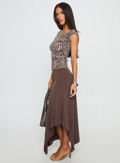   side view of model wearing Princess Polly Futura Asymmetrical Midi Skirt Chocolate Midi Skirts Skirts 