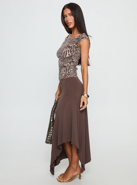   side view of model wearing Princess Polly Futura Asymmetrical Midi Skirt Chocolate Midi Skirts Skirts 