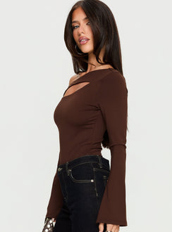 side view of model wearing Princess Polly Raissa Cut Out One Shoulder Bodysuit Brown Long Sleeve Tops Bodysuit 