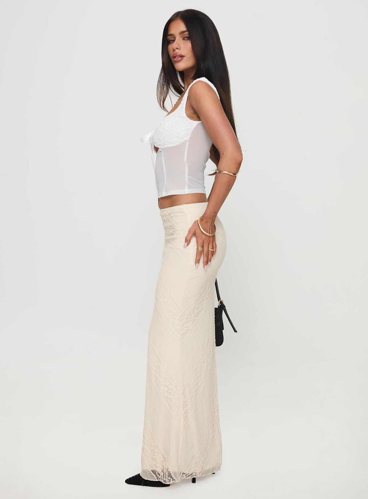   side view of model wearing Princess Polly Gazet Maxi Skirt Cream Maxi Skirts Skirts 