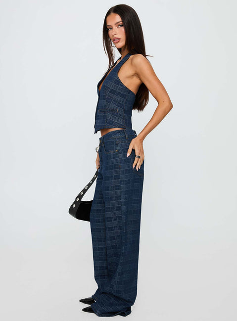 side view of model wearing Princess Polly Top Model Low Rise Straight Leg Jeans Indigo Plaid Mid Rise Jeans Jeans 