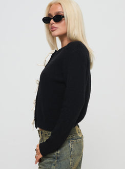 side view of model wearing Princess Polly Rosalee Cardigan Black / White Cropped Jumpers Jumpers 