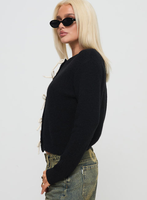 side view of model wearing Princess Polly Rosalee Cardigan Black / White Cropped Jumpers Jumpers 