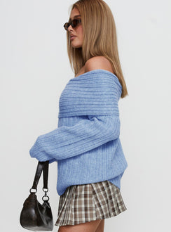 side view of model wearing Princess Polly Snowie Off Shoulder Knit Sweater Blue Longline Jumpers Jumpers 