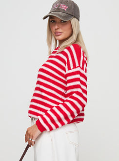side view of model wearing Princess Polly Freeze Knit Sweater Red Cropped Jumpers Jumpers 