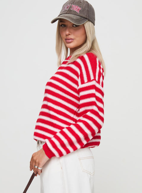 side view of model wearing Princess Polly Freeze Knit Sweater Red Cropped Jumpers Jumpers 