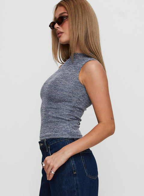side view of model wearing Princess Polly Get It Together High Neck Top Blue Marle Sleeveless High Neck 