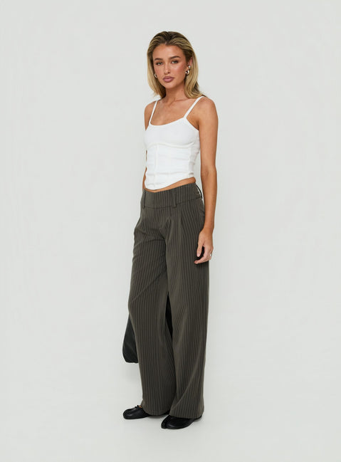 Featuring the Two Lovers Low Rise Pants Grey Pinstripe womens-regular-pants side view of model wearing Princess Polly