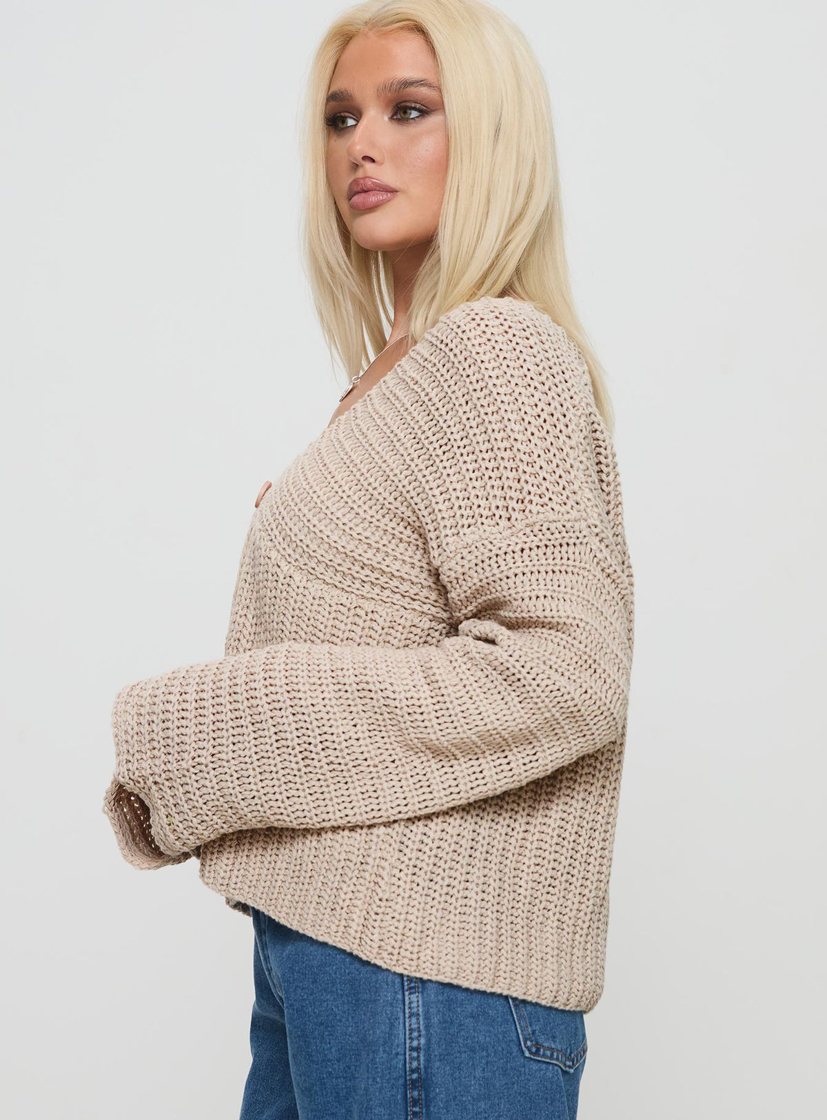 side view of model wearing Princess Polly Maela Knit Cardigan Mocha Cropped Jumpers Jumpers 